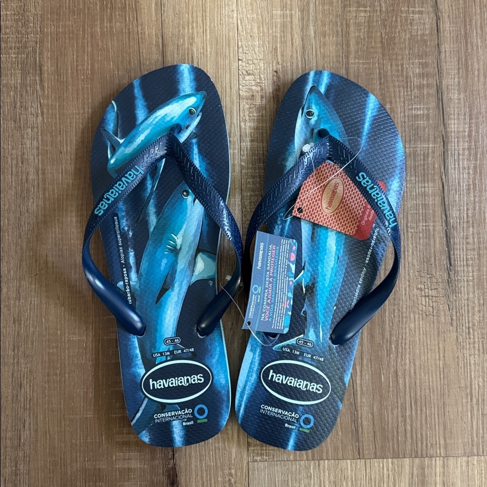 NWT Havaianas Flip Flop Blue Mens 13 Blue Water shark